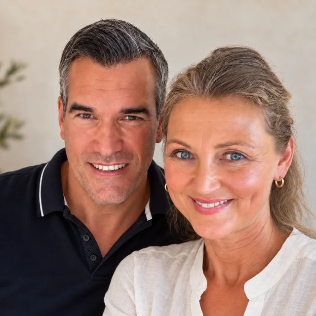 Irene und David lächeln Kopf an Kopf in die Kamera.